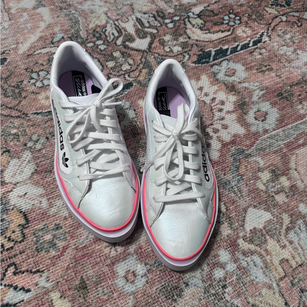 Adidas Women's White Sneakers with Pink Accents